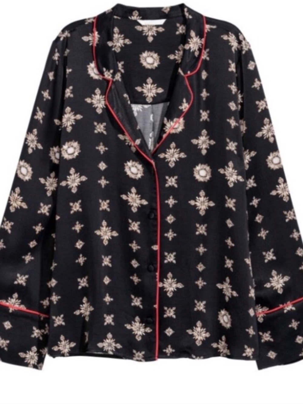 H&M Patterned Pajama Shirt - Black/Tan Satin Top Blouse - Size 12